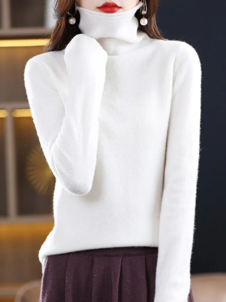 Women’s 100% Merino Wool Sweater – Autumn Winter Pile Collar Pullover Knitwear 🧶🍂