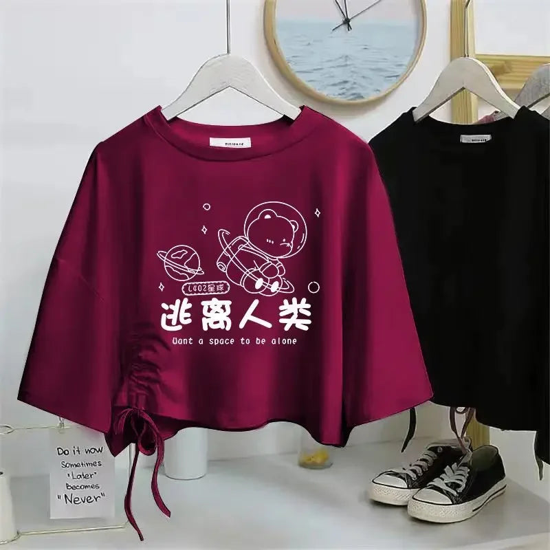 Women’s Drawstring Cotton T-Shirt | Loose O-Neck Drop Sleeve Pullover | Spring Summer Casual Solid Knit Top