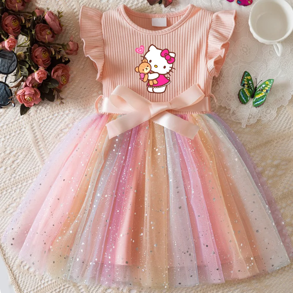 ✨ Hello Kitty Girls Sequins Dress 🎀 Rainbow Tulle Princess Dress 🌈 Toddler Birthday Party Outfit 👧 Ages 1–5 Years