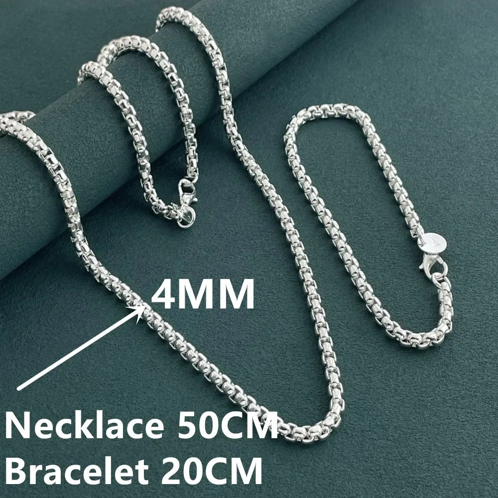 925 Sterling Silver 4mm Round Box Chain Bracelet & Necklace Set – Unisex Daily Wear Fashion Jewelry for Men & Women
