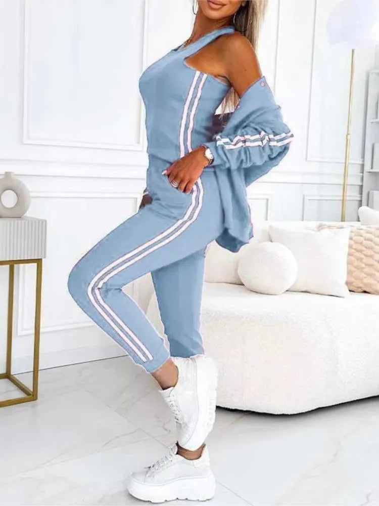 Autumn Women’s 3-Piece Suit 🍂 Striped Tracksuit Jacket + Tank + Pants ✨