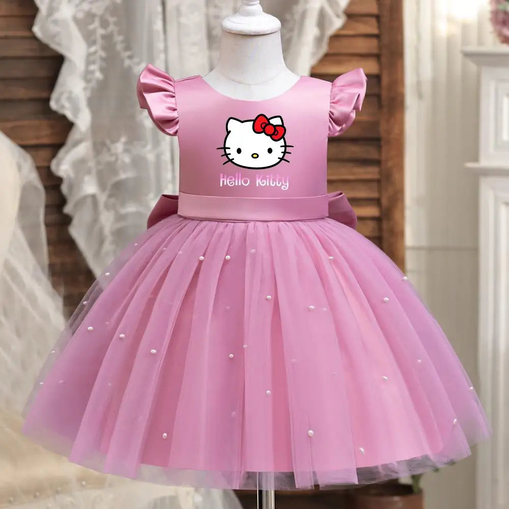 Hello Kitty Girls Pearls Dress – Elegant Princess Wedding Gown, Tulle Birthday Party Dress for Children 3-7Y