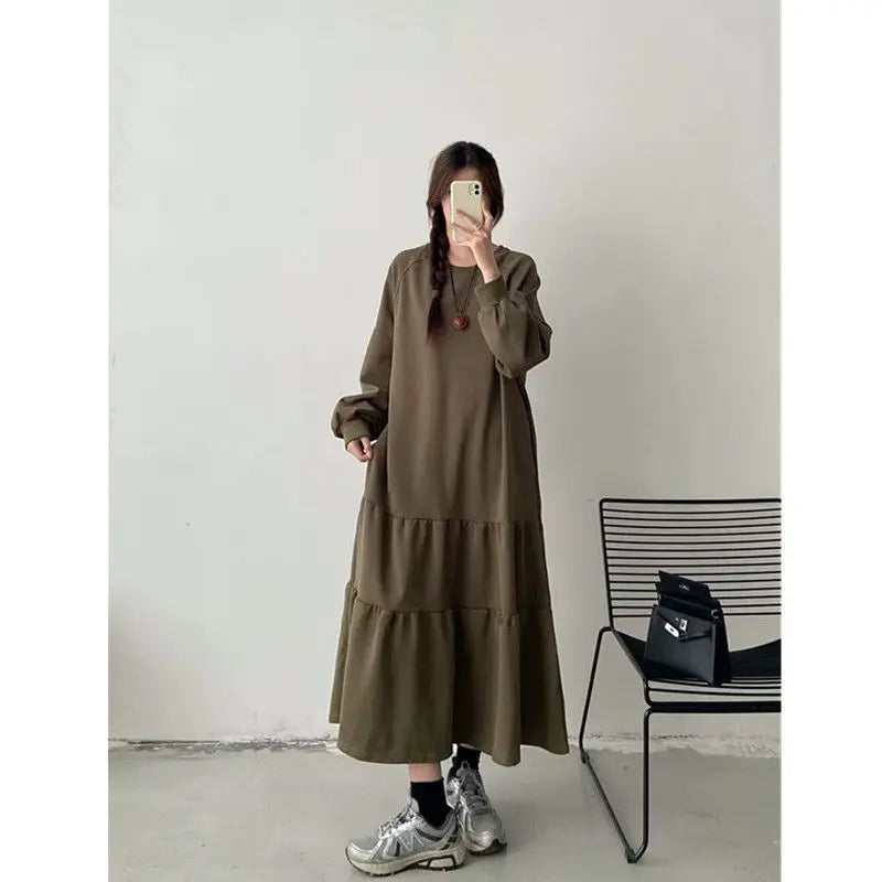 Plus Size Casual Long Sleeve Dress for Women | Loose Fit Patchwork Autumn Dress | Tummy Covering Comfortable Long Dress
