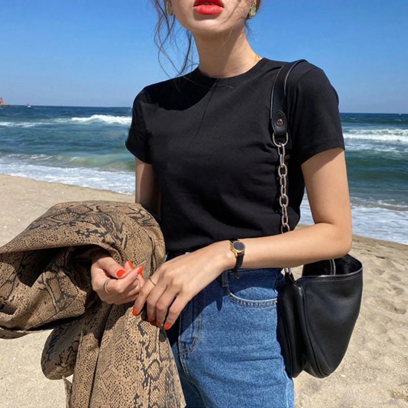 Black Pure Cotton Short Sleeve T-Shirt for Women | Slim Fit Summer Base Top | Thin Inner Wear Casual Tee