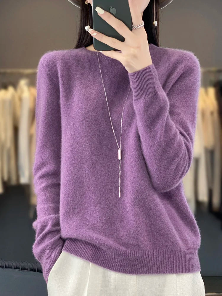 Women’s 100% Merino Wool O-Neck Cashmere Sweater – Autumn & Winter Casual Knitted Pullover 🍂🧶