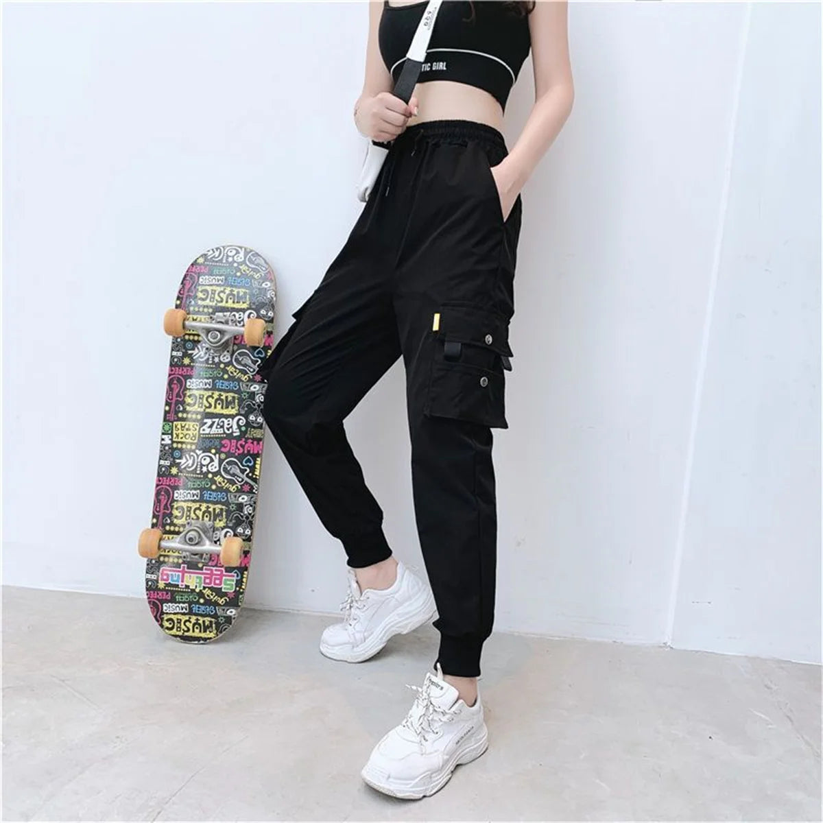 Black Cargo Pants for Women | High Waist Loose Joggers | Korean Hip Hop Streetwear Trousers