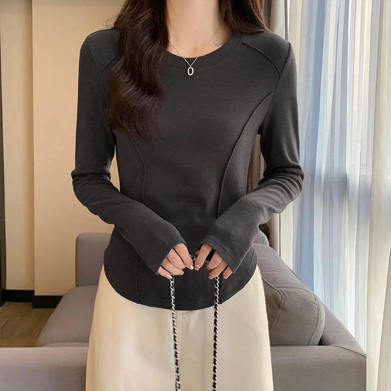 Women's Long Sleeve Velvet Base Shirt 👚 Slim Fit Round Neck T-Shirt ✨ Pure Color Winter Fashionable Top ❄️