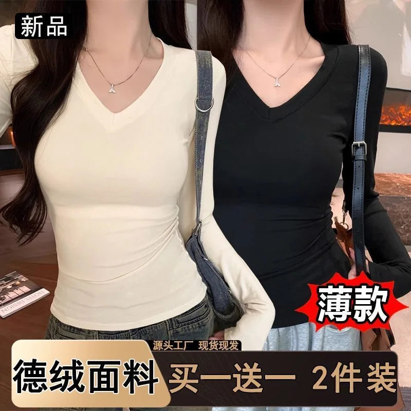 Women's Fleece-Lined Long Sleeve T-Shirt ❄️ Sweet Slim Fit U-Neck Top 👚 Autumn Winter Warm Fashion