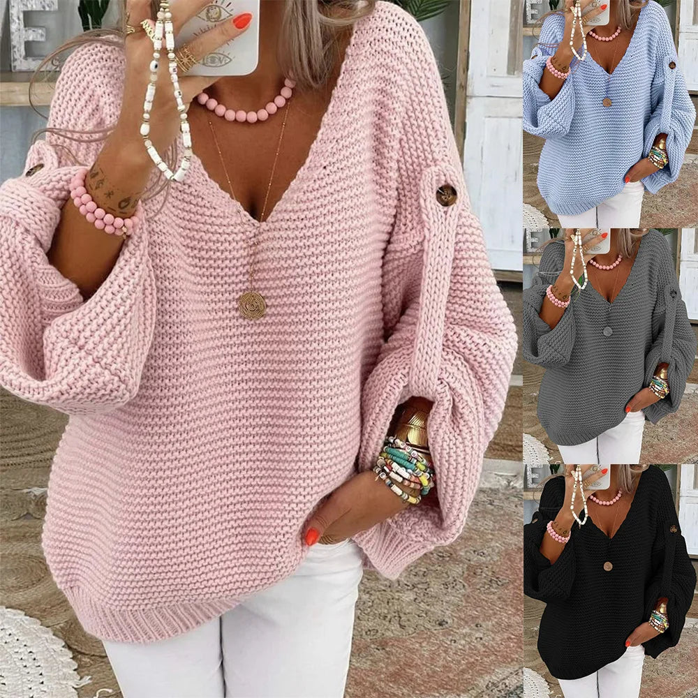 Casual Knitted V-Neck Sweater for Women | Fall Winter Elegant Button Pullover Jumper