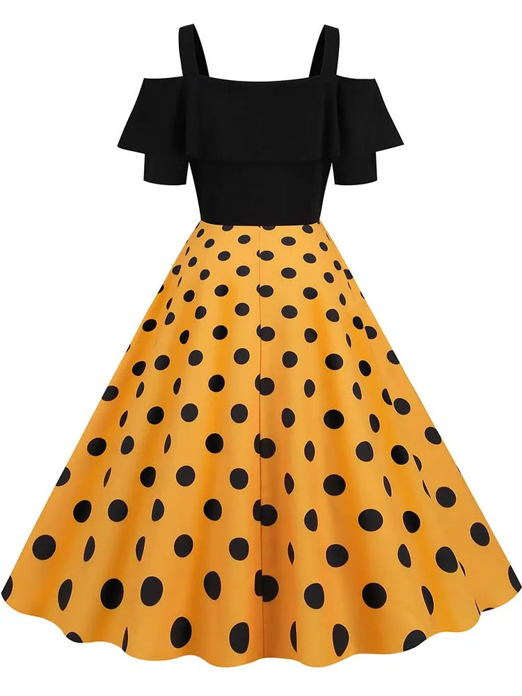 Off-Shoulder Elegant Vintage Party Dress – Women’s Summer Polka Dot Ruffles A-Line Midi Dress
