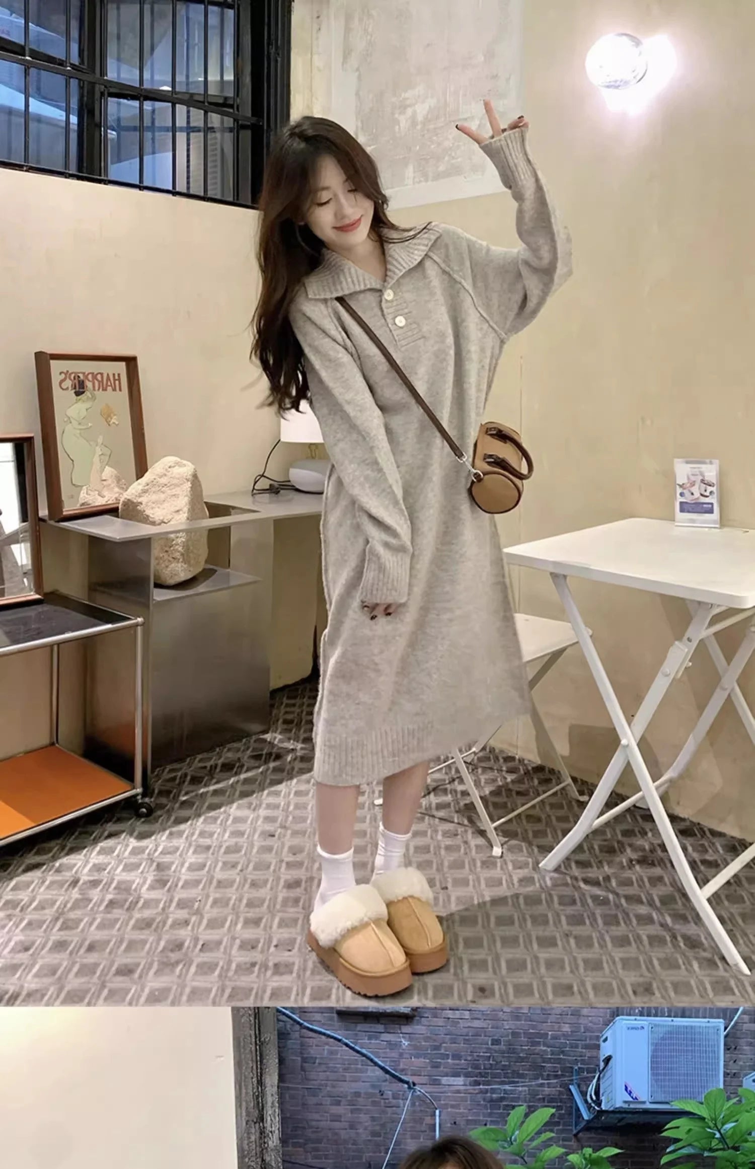 Women’s V-Neck Knitted Dress – Loose Fit Mid-Length Knee-Over Sweater Dress, Autumn Winter Base Layer Inner Wear