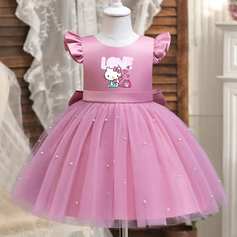Hello Kitty Girls Pearls Dress – Elegant Princess Wedding Gown, Tulle Birthday Party Dress for Children 3-7Y