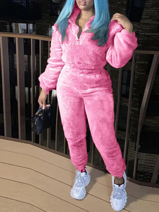 Winter Plush Two-Piece Set for Women – Warm Zipper Lapel Pullover & Elastic Waist Trousers Casual Home Suit ❄️✨