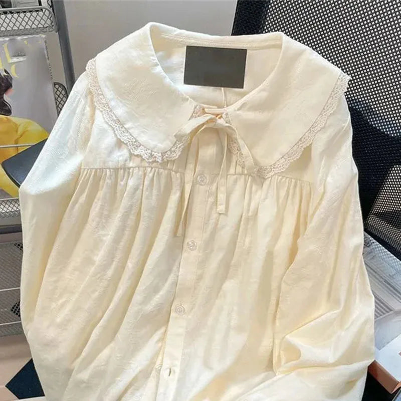 Japanese Style Peter Pan Collar Lace Blouse | Sweet Long Sleeve Loose Button Shirt for Women