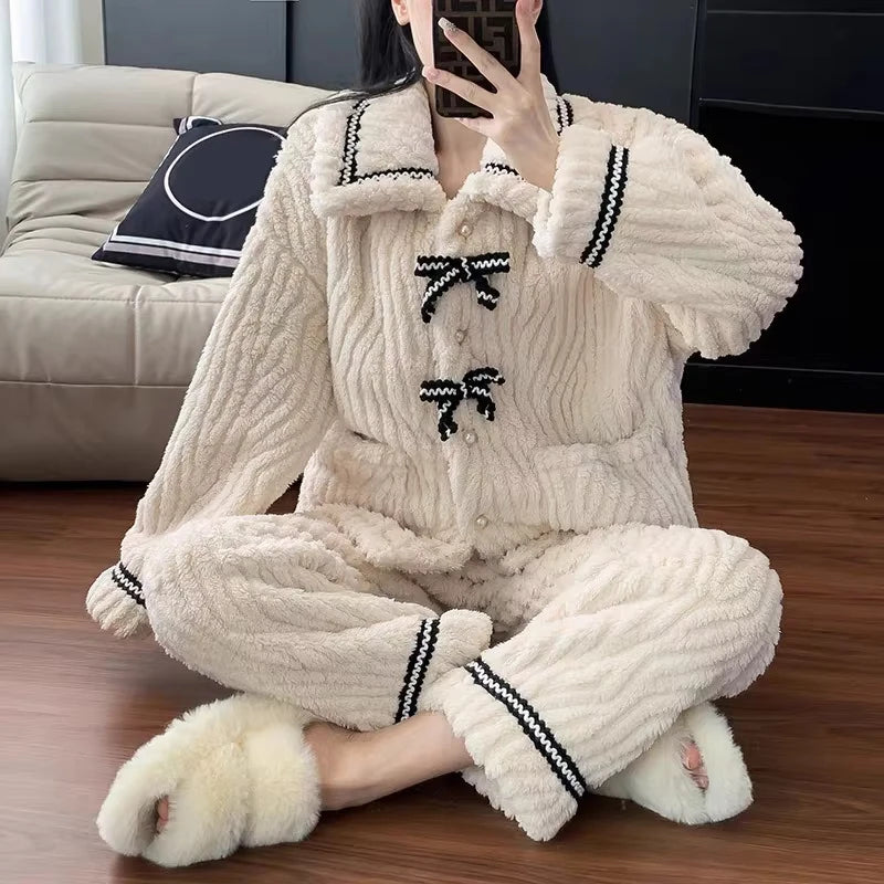 2PCS Women's Pajama Set 👚🩳 Autumn Winter Home Wear ❄️ Thick Padded Warm Princess Loungewear 🌸 Cozy Women's Clothing