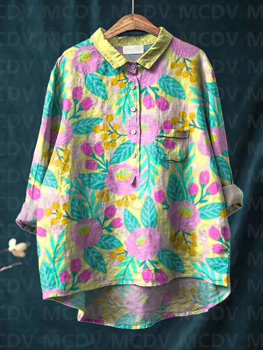 Women’s Cat Print Casual Long Sleeve Shirt – Stand-Up Collar Vintage Indian Ethnic Style Top