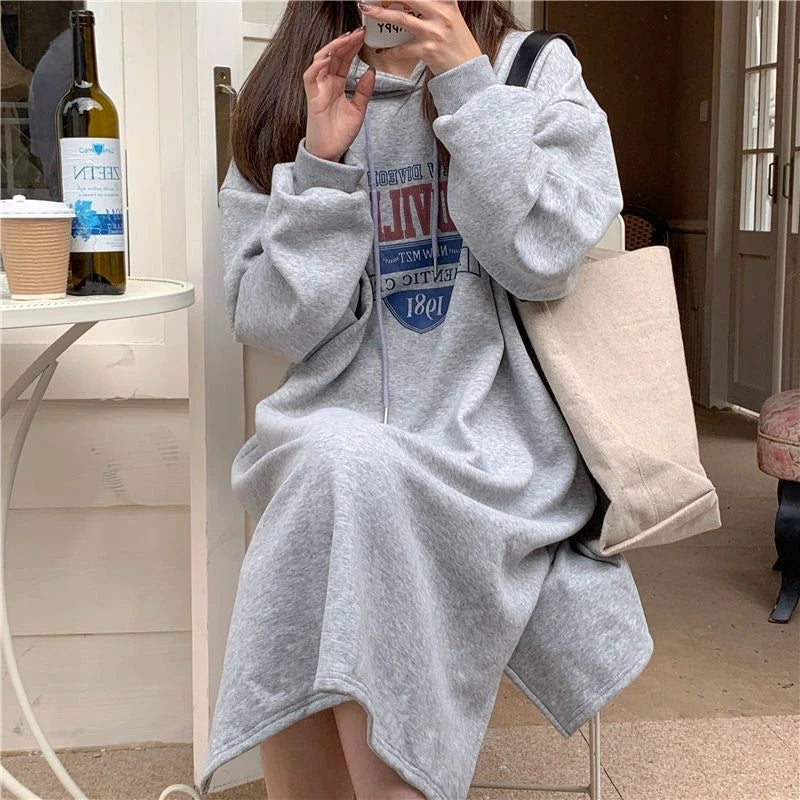 Winter Thiened Fleece Sweatshirt Dress – Printed Midi Skirt Hoodie Dress, Lazy Long Sleeve Outerwear for Young Women