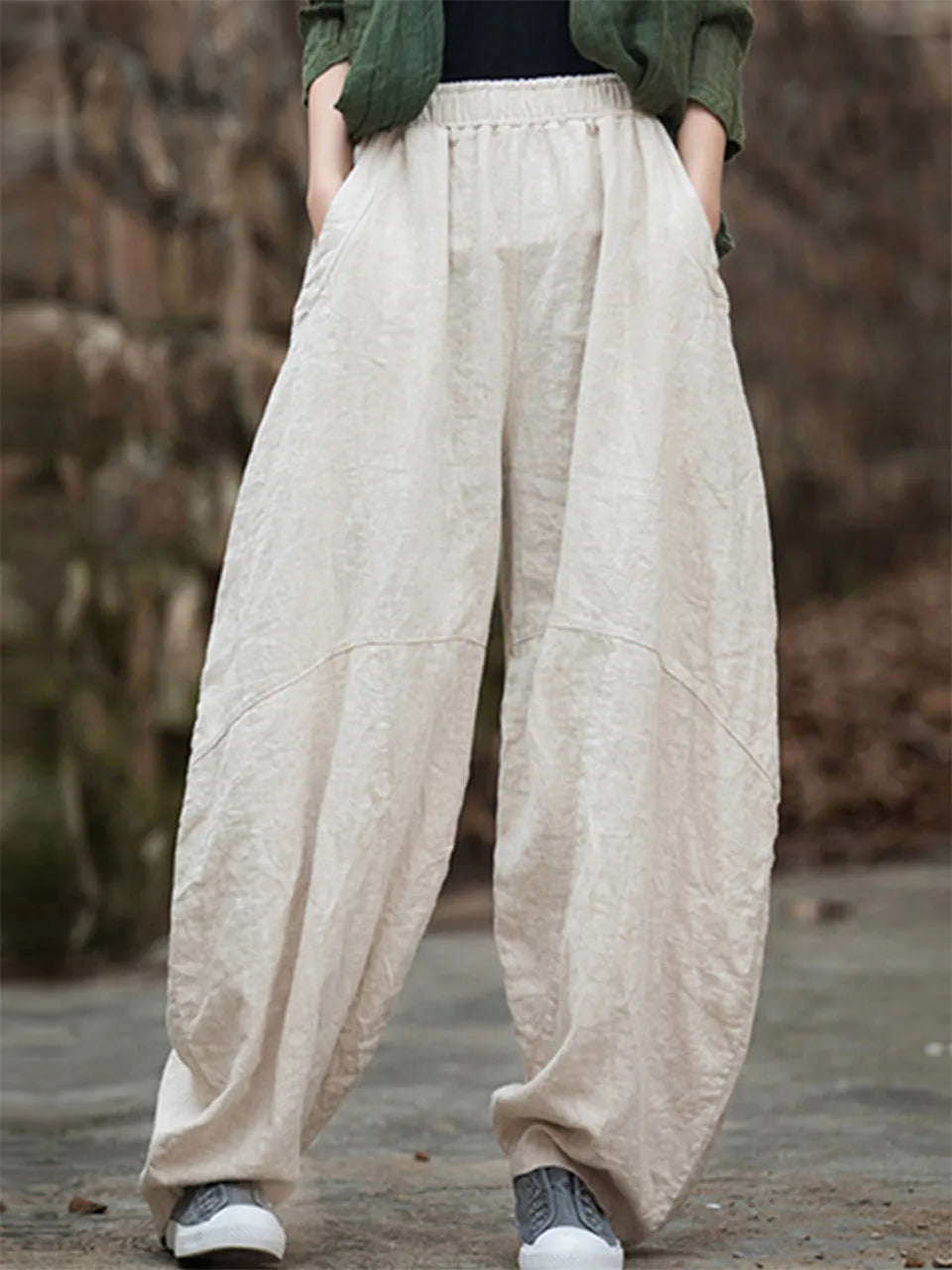 Elegant Women’s Cotton Linen Baggy Cargo Pants – Vintage Elastic Waist Wide-Leg Casual Trousers