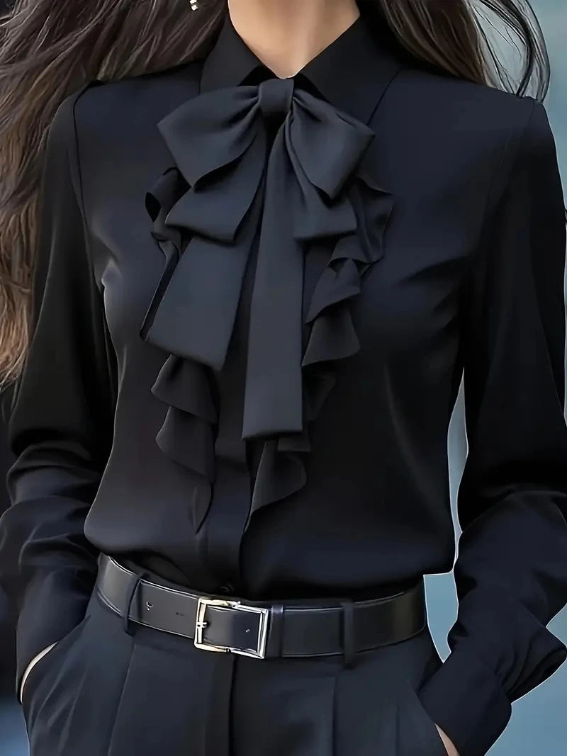 Women’s Formal Shirt Collar Bow Tie Ruffles – Long Sleeve Elegant Blouse 👚✨