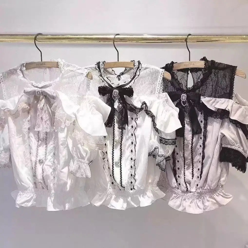 2025 Japanese Kawaii Lolita Lace Blouse | Harajuku Sweet JK Bow Top | Autumn Lightweight Patchwork Shirt for Women