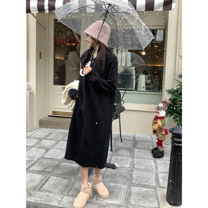 Autumn Winter Knitted Zipper Collar Dress for Women – Long Sleeve Loose Fit Pure Color H-Shape Casual Warm Dress