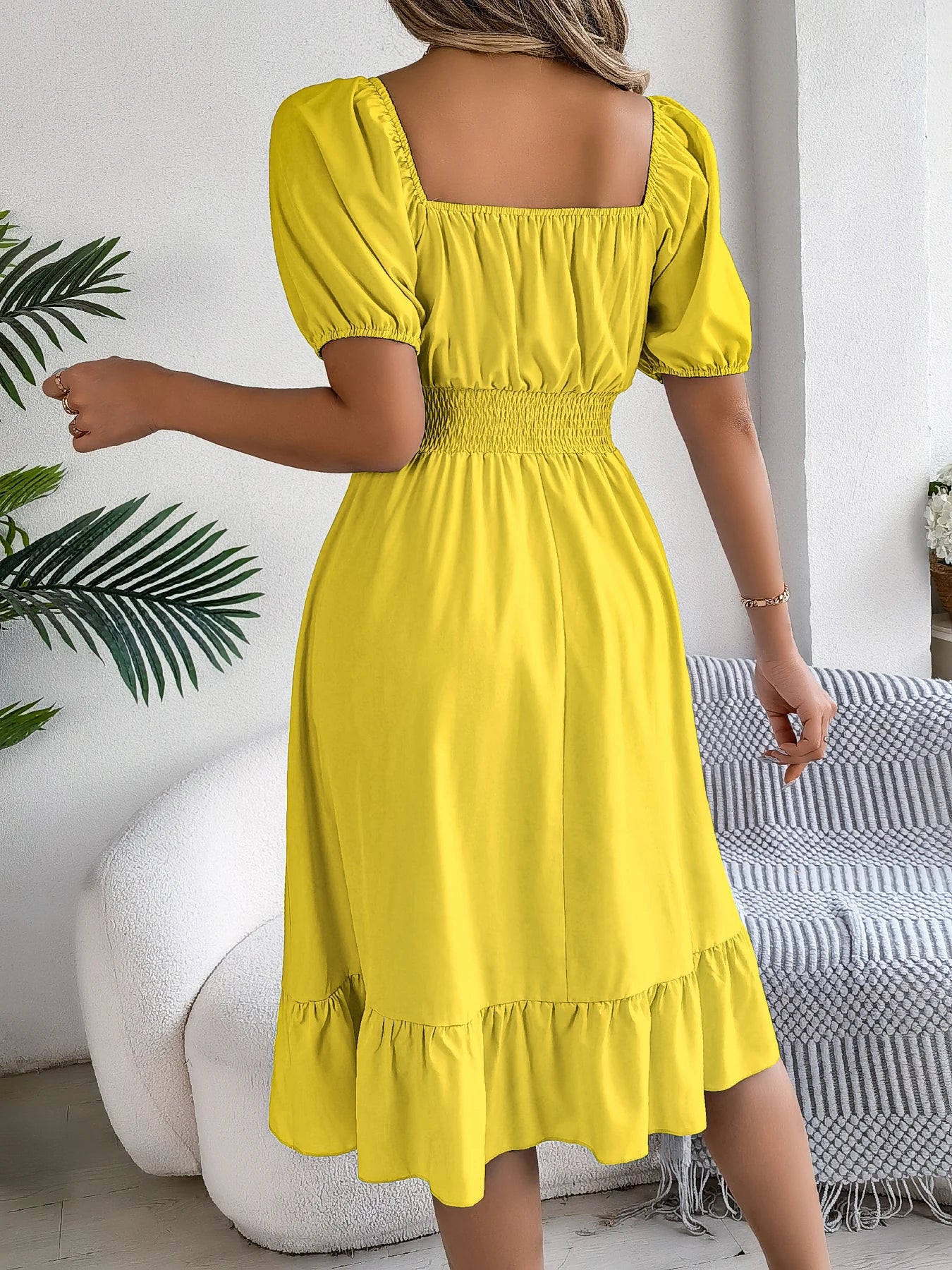 2026 Women’s Elegant High-Waisted Dress – Square Neck, Short Sleeve, Ruffled Edge Long Dress | Spring Summer Valentine’s Day
