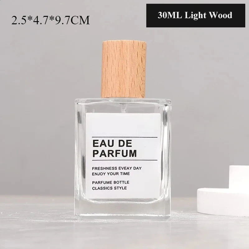 30ml / 50ml Refillable Perfume Bottle – Empty Glass Flat Square Spray Container | Portable Travel Cosmetic Bottle with Wooden Lid