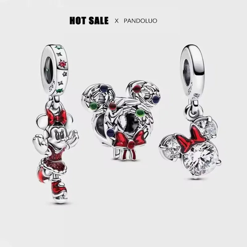 925 Silver Disney Christmas Charm Trio | Mickey Wreath Minnie Ice Skating Bead Pendant Fits Pandora Bracelet