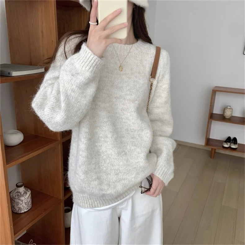 Women’s Round Neck Long Sleeve Knitted Sweater – Loose Fit Comfortable Autumn Winter Casual Inner Wear Top