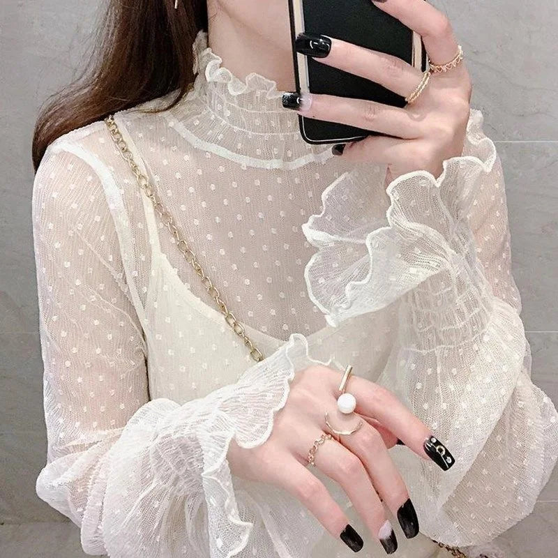 Women’s Lace Base Mesh Top – Autumn Winter Fairy Bell Sleeve Polka Dot Inner Shirt ✨❄️