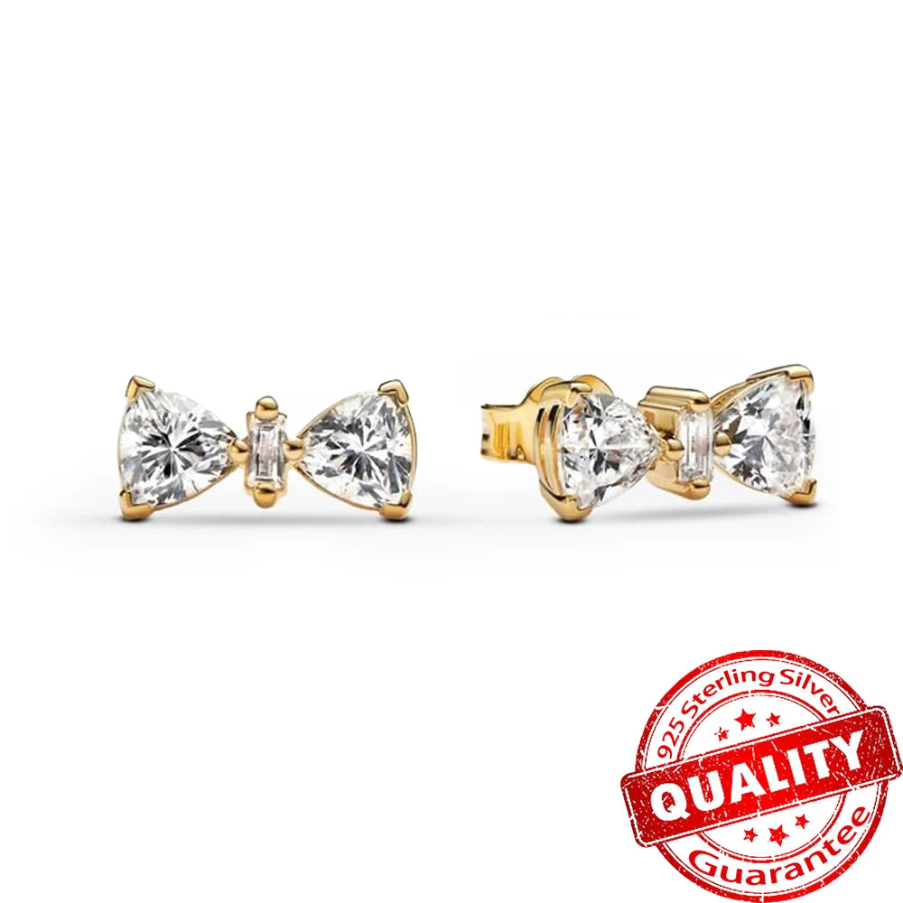 925 Sterling Silver Golden Round Necklace & Bow Earrings Set | Stars, Moon & Heart Charms Beads Women Jewelry Gift