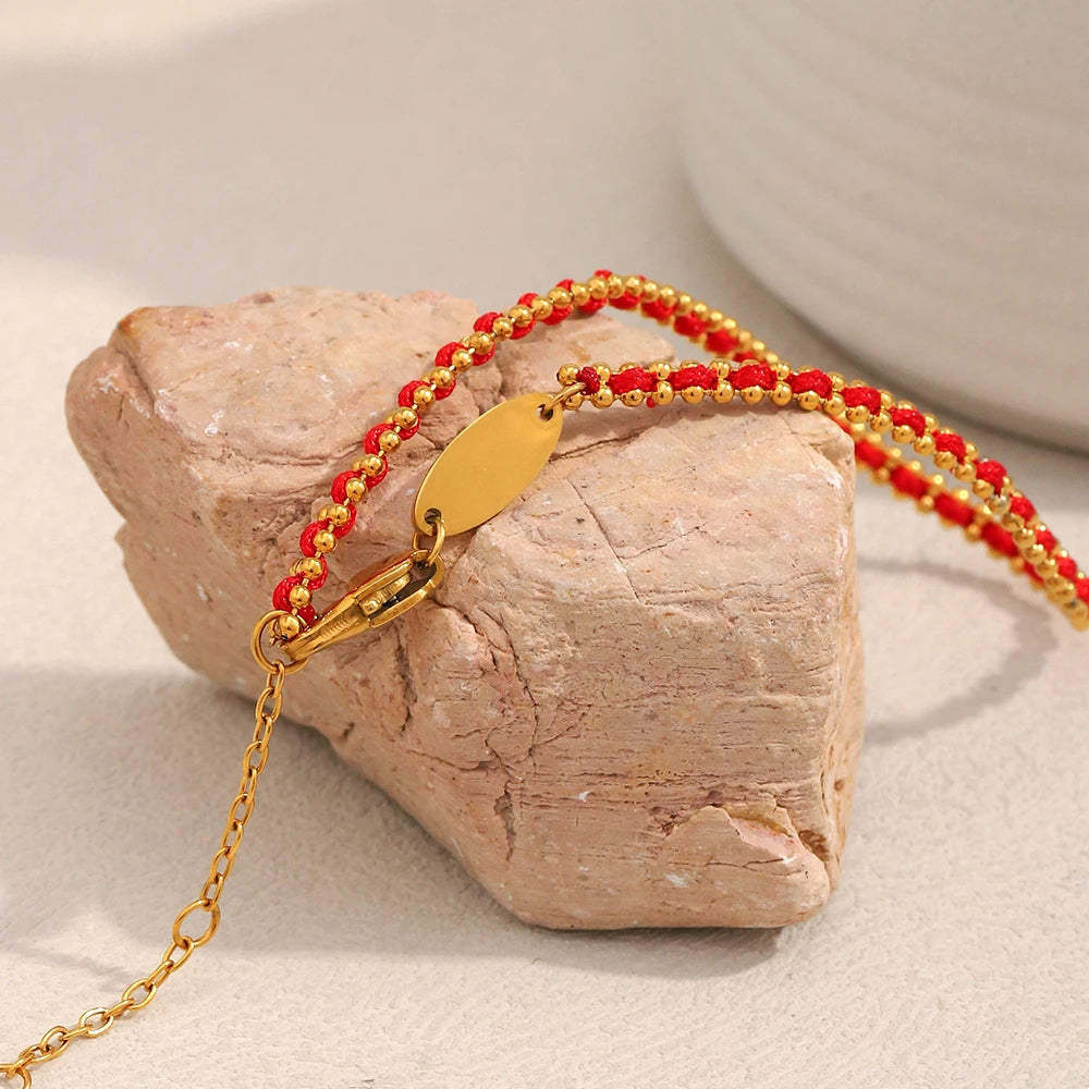 E.B.belle Lucky Red Rope Bracelet | 18K Gold Plated Stainless Steel Round Beads Unisex Fashion Jewelry Gift