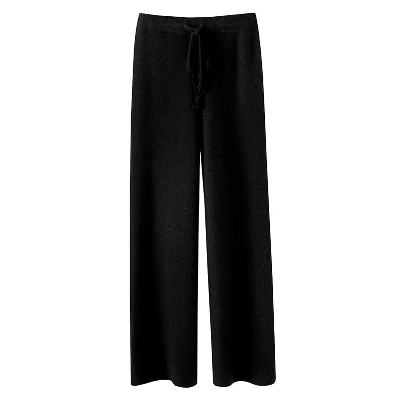 Elegant Women’s High Waist Wide-Leg Pants – Baggy Straight Knitted Trousers with Pockets