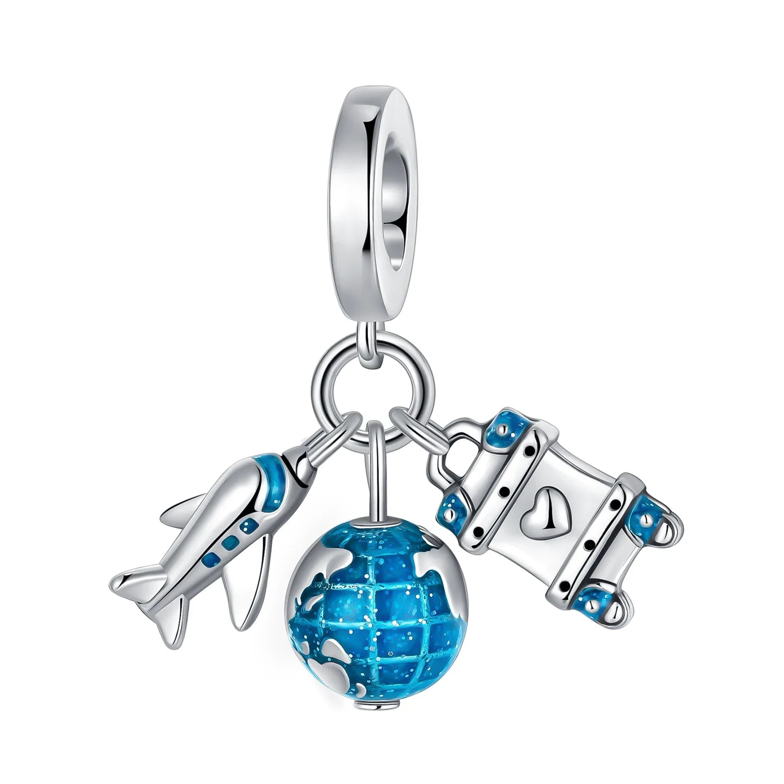 925 Sterling Silver Blue Moon Plane Space Series Glass Beads Clip Charm for Bracelet