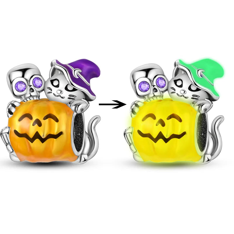 925 Sterling Silver Halloween Series Charms | Pumpkin, Witch, Skull & Candy Beads Fit Original Bracelet DIY Jewelry