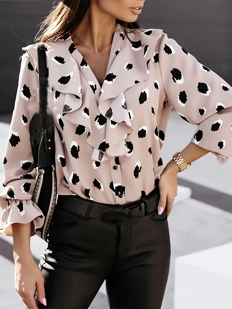 Ladies Spring Summer Long Sleeve V-Neck Ruffle Shirt – Loose Vintage Streetwear Women Top 🌿✨