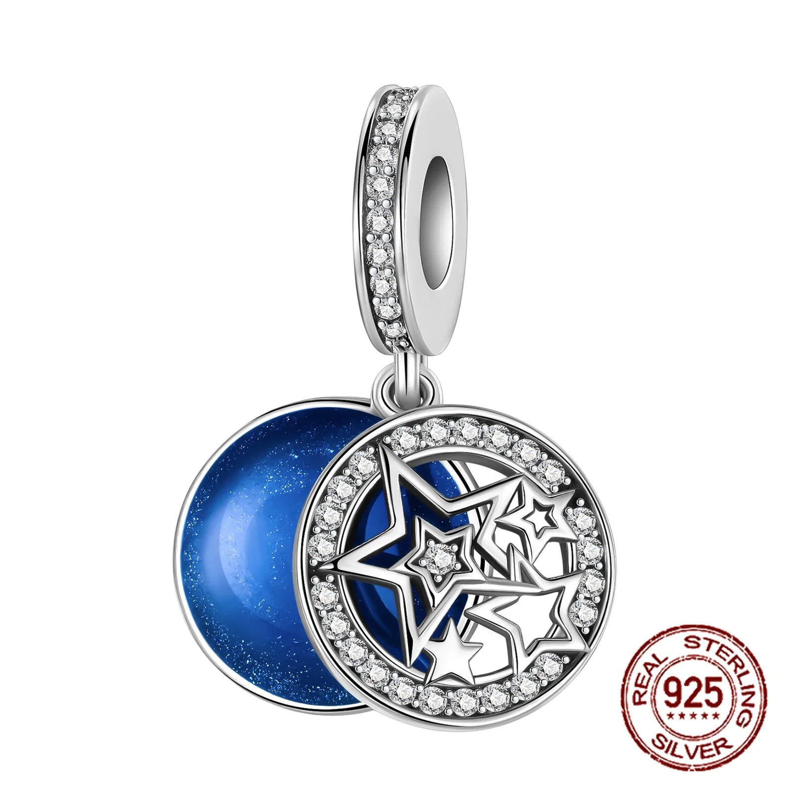 925 Sterling Silver Blue Moon Plane Space Series Glass Beads Clip Charm for Bracelet