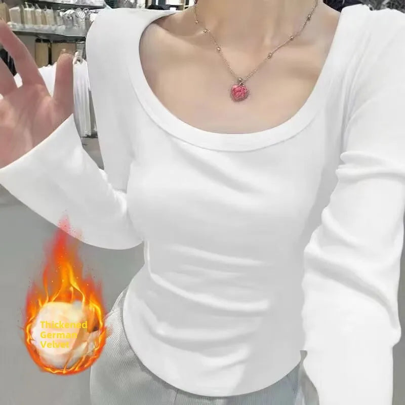 Women’s Long Sleeve Fleece-Lined Slim Fit Base Layer Top – Warm Velvet Thinned T-Shirt for Autumn Winter Workwear