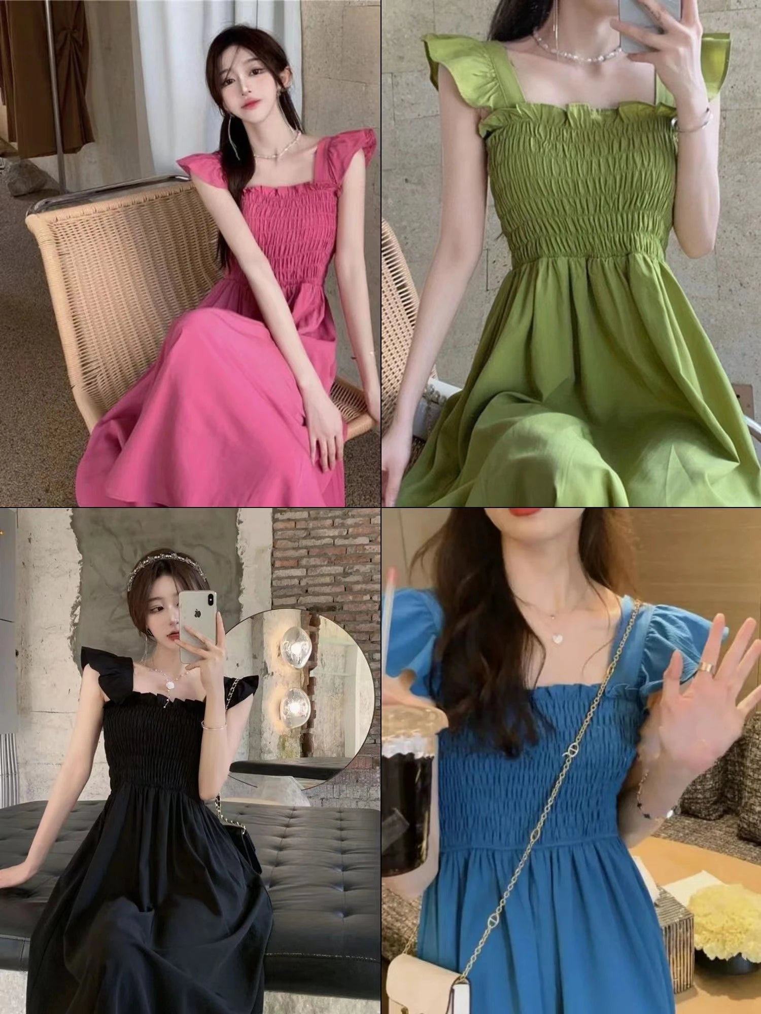 ☀️ Summer 2025 Elegant Hepburn-Style Tea Break Midi Dress 👗 Gathered Waist, Short Sleeve, Square Collar Pleated A-Line Dress 🌸
