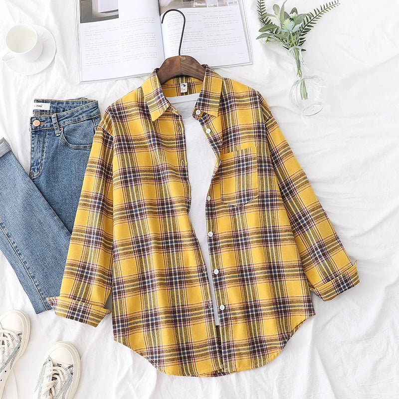 Fresh Flannel Plaid Shirt for Women | 2025 Loose Cotton Long Sleeve Casual Blouse & Top