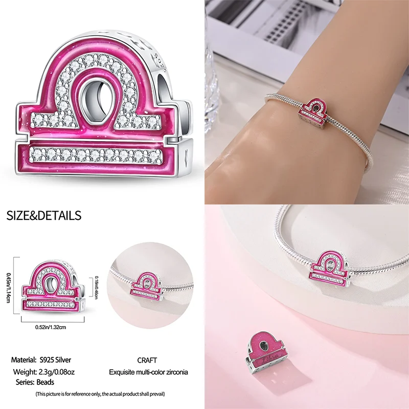925 Sterling Silver Pink Zircon 12 Zodiac Signs Charms | Fit Original Pandora Bracelets DIY Jewelry Gift for Women
