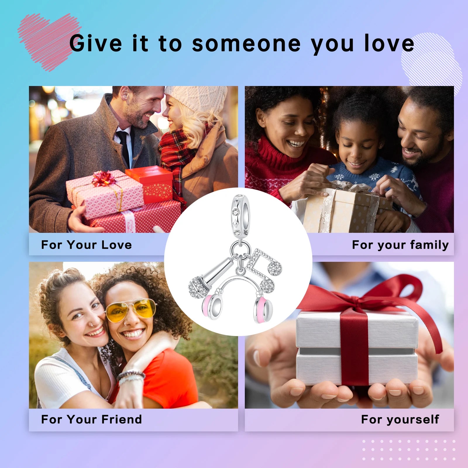 925 Sterling Silver Pink Earphones & Microphone Music Note Pendant Charm – Women’s DIY Bracelet Jewelry Gift