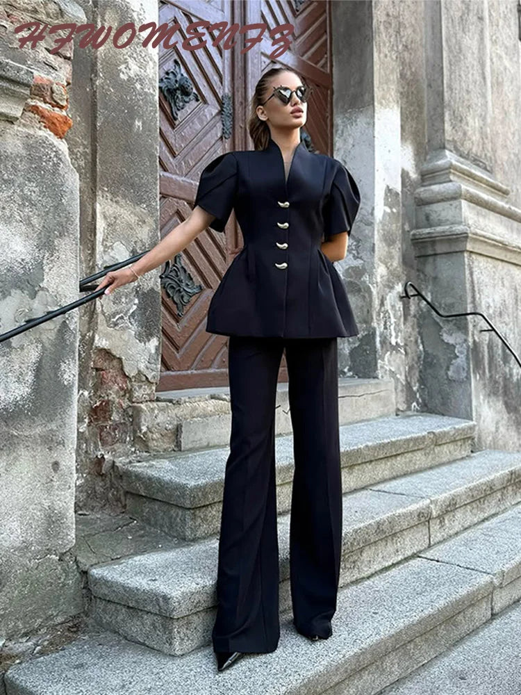 Elegant Chic Women’s 2-Piece Pants Suit – Short Puff Sleeve Single-Breasted Shirt & Straight Flare Pants 2026 Spring 🌿✨