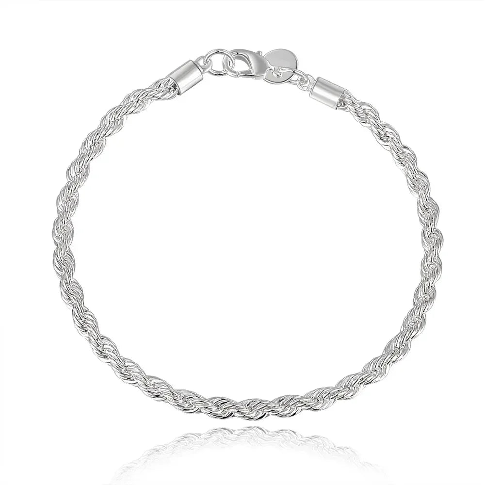 Charm 925 Sterling Silver 4MM Rope Chain Necklace & Bracelet Set – Men Women Fashion Wedding Jewelry Gift