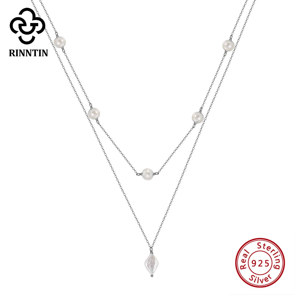 Rinntin 925 Sterling Silver Layered Natural Pearl Necklace | Geometric Pendant Luxury Jewelry