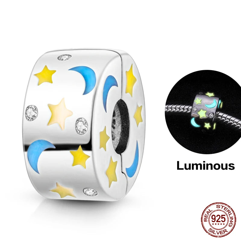 925 Sterling Silver Luminous Butterfly Star Moon Charm Bead | Round Clasp Bead for 3mm DIY Bracelet Jewelry Gift