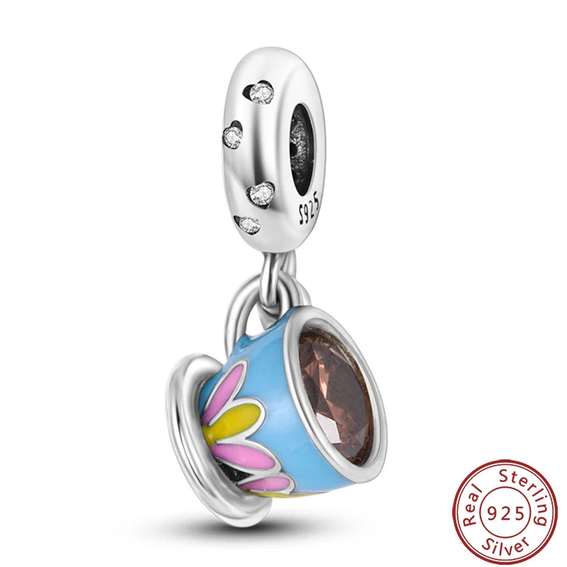 925 Sterling Silver Dessert Afternoon Tea Charm – Coffee, Cake, Pizza & Fries Beads Fit Original Pandora Bracelet DIY Jewelry