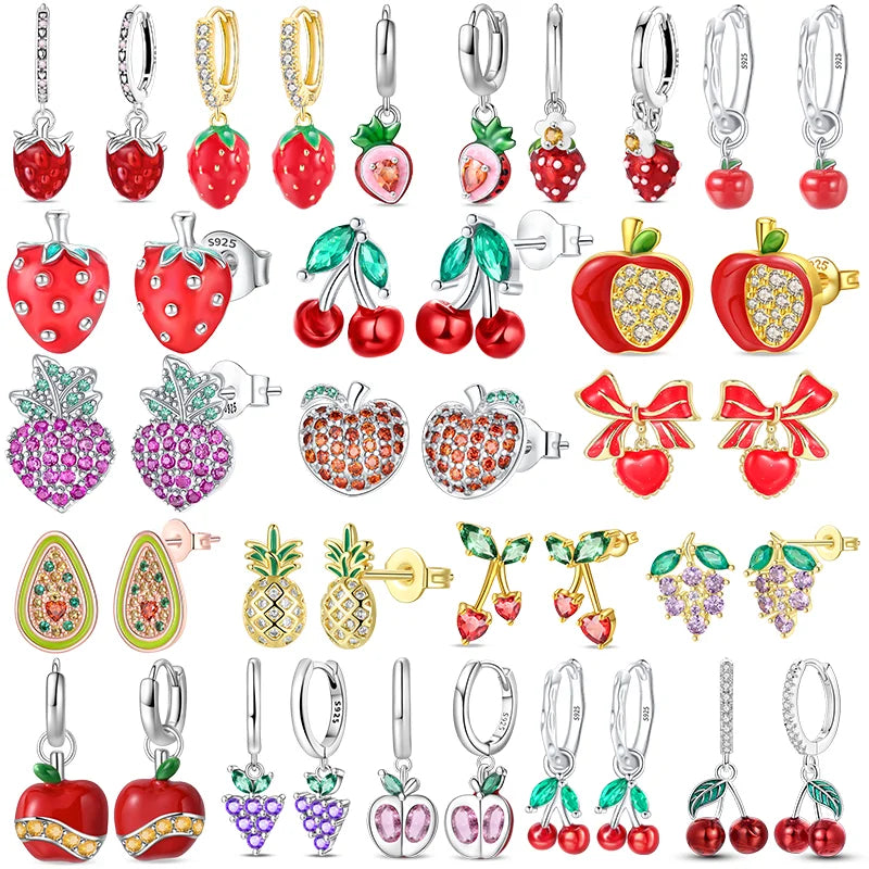 925 Sterling Silver Cute Fruit Earrings – Cherry, Strawberry, Apple & Grape for Women