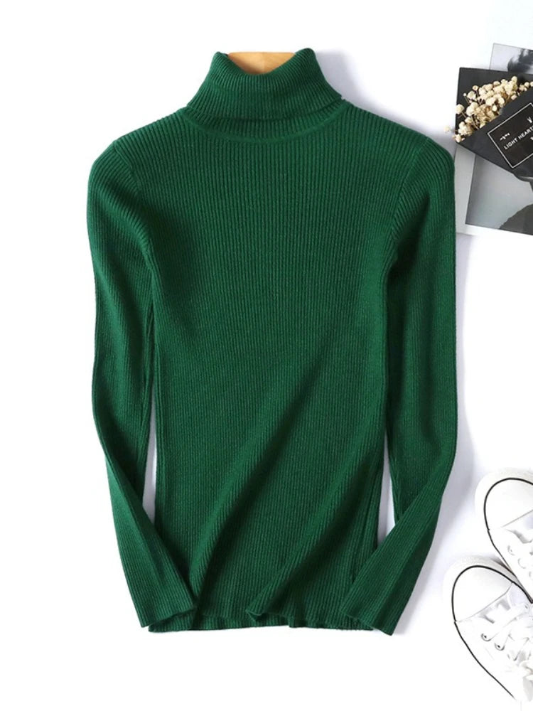 Women’s Knitted Turtleneck Sweater | Autumn Winter Slim Fit Ribbed Polo-Neck Jumper Pullover
