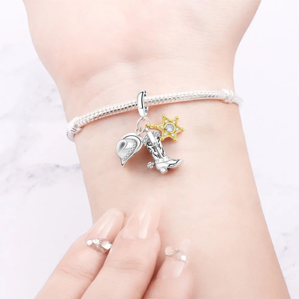 925 Sterling Silver Western Cowboy Boots Charm Bead | Hobby Series Pendant for Bracelet DIY Jewelry Gift